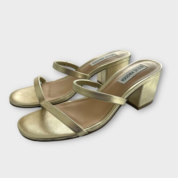 Steve Madden Gold Strap Block Heel Sandals 6.5 Cocktail Versatile Holiday - Picture 1 of 10